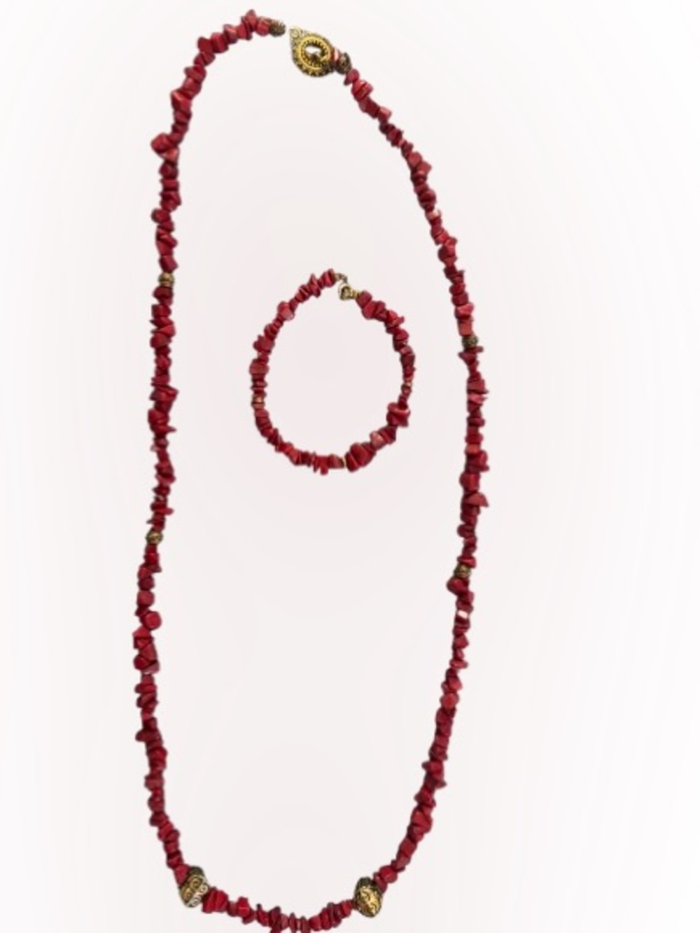 Red Chip Beaded and gold tone spacers Necklace and Bracelet Set